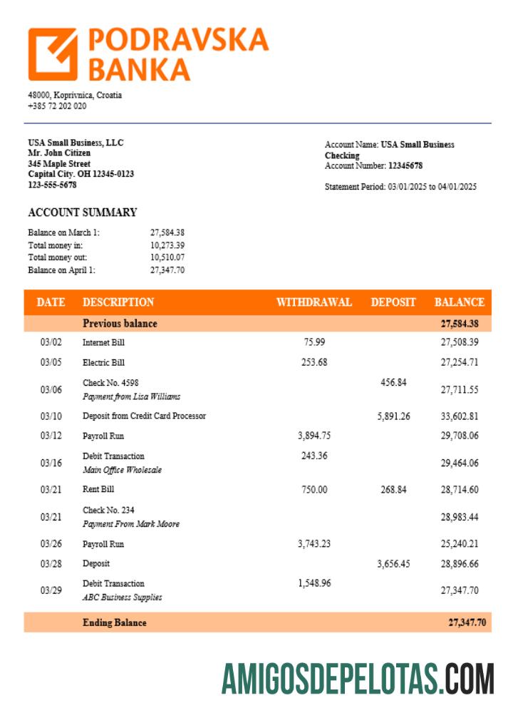 Realista Croácia Podravska Bank Extrato de conta corrente corporativa modelo Word e PDF